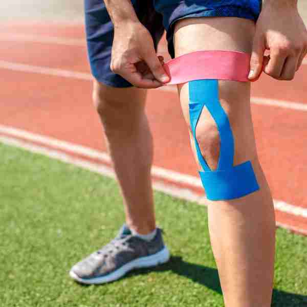 Close up frontal image of an athlete wearing kinesiology tape on the knee